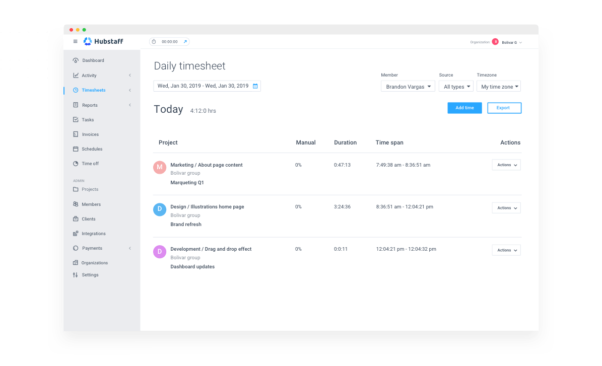 Hubstaff daily timesheet